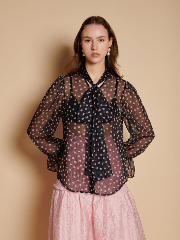 Painterly Polka Chiffon Blouse Black And Pink Spots / Z