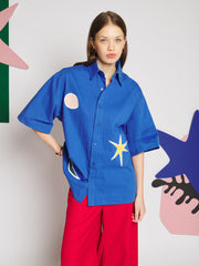 Rayon Applique Boxy Shirt Royal Blue / Z