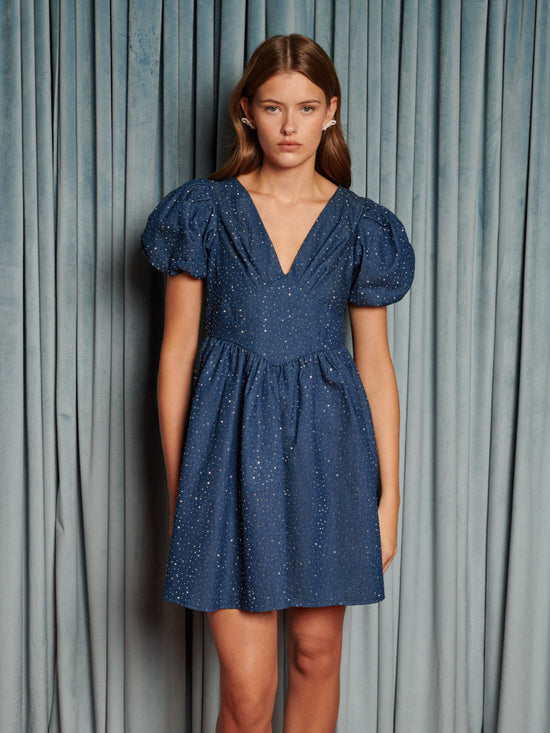 Daze Embellished Denim Mini Dress Indigo Blue / Z