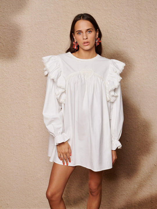 Sol Seeker Ruffle Mini Dress Pearled White / Z