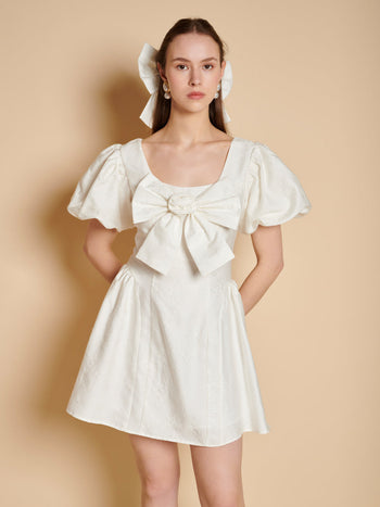 Klara Jacquard Bow Mini Dress Pearled White / Z
