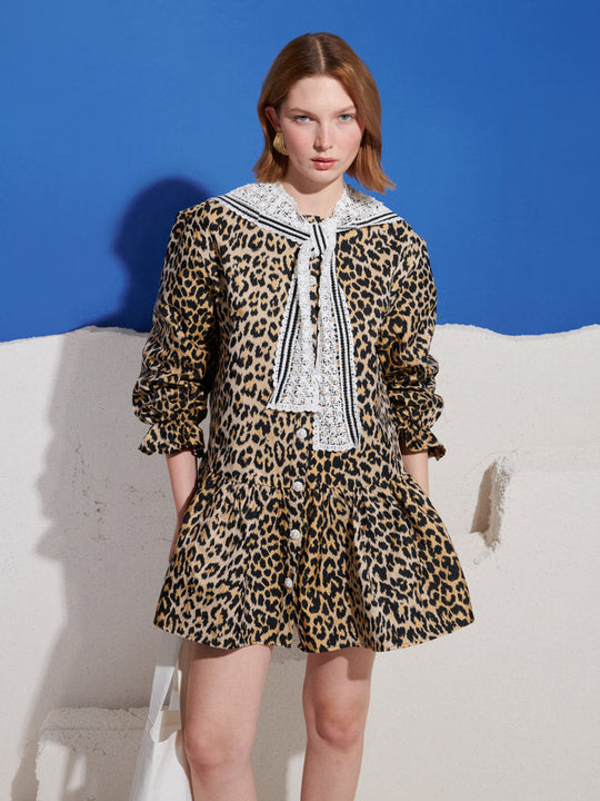 Cleo Collar Tie Mini Dress Leopard Brown / Z