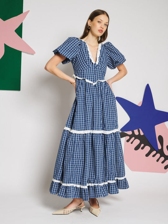 Celeste Check Maxi Dress Grey Blue / Z