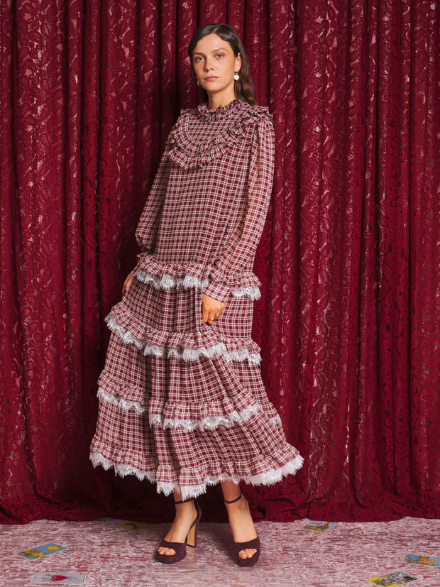 Fates Check Maxi Dress Burgundy Red / Z