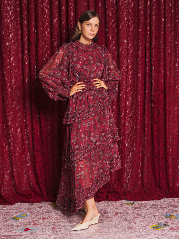 Mystic Muse Ruffle Dress Burgundy Red / Z