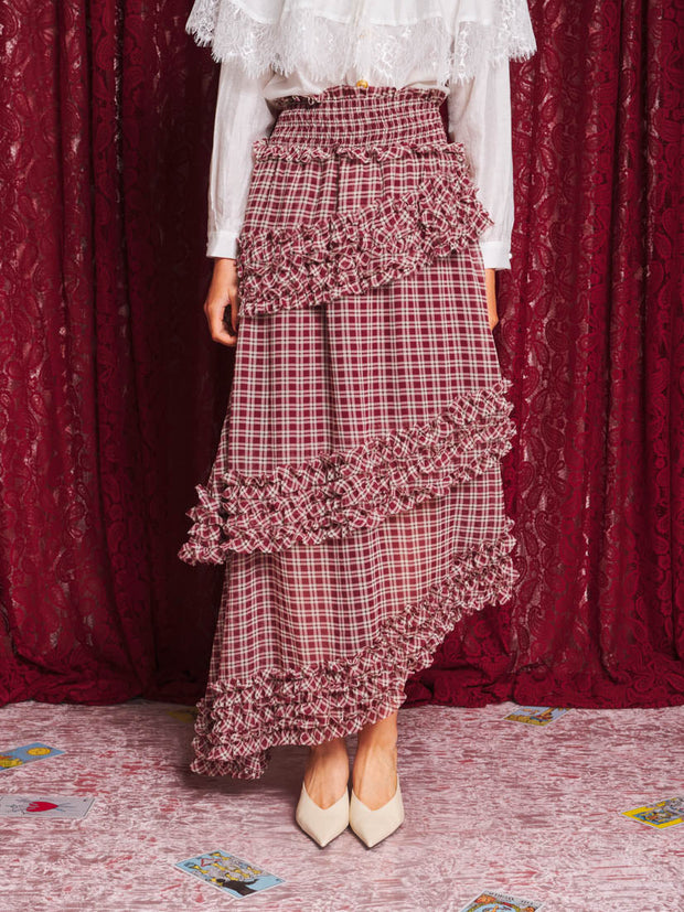 Fates Check Ruffle Skirt Burgundy Red / Z