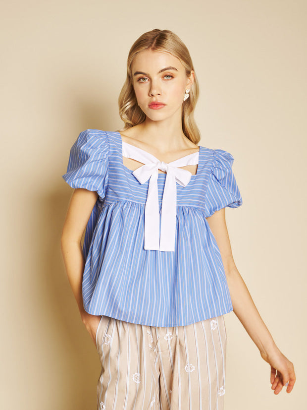 Tulip Stripe Bow Top Washed Indigo Blue / Z