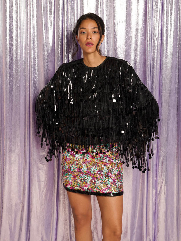 Heather Sequin Fringe Top Black / Z